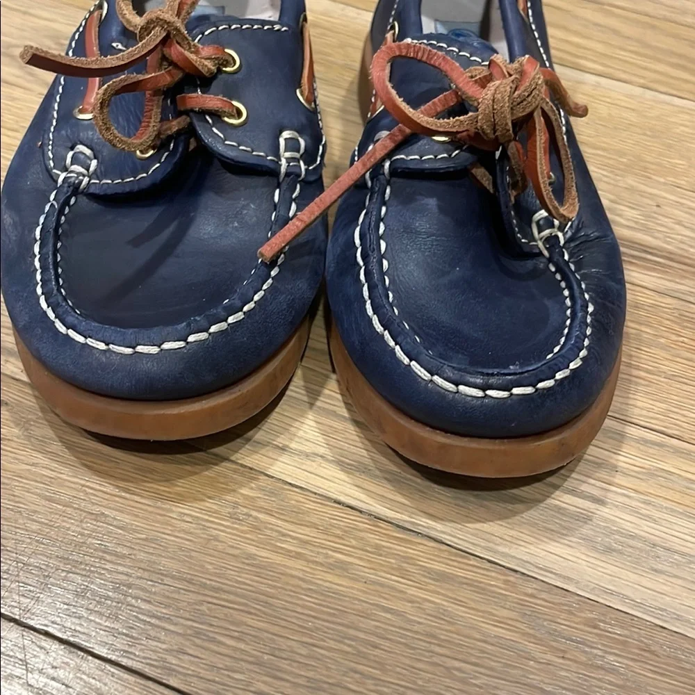 Blue Leather Kids Boat Moccasins with Tan Laces